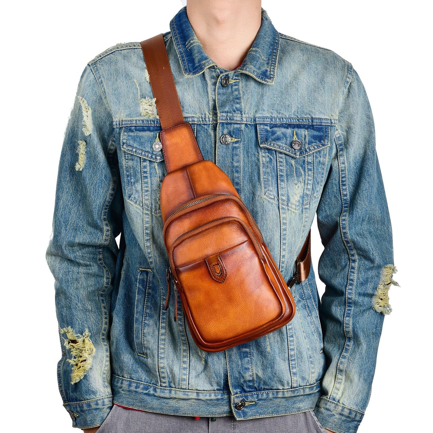 Men's bust bag Genuine cowhide leather casual retro crossbody bag for men