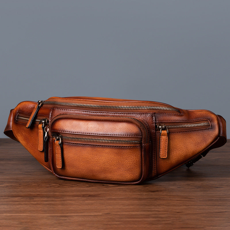 Men's Waist Pouch Genuine Cowhide Leather Retro Casual Bust Bag for Men
