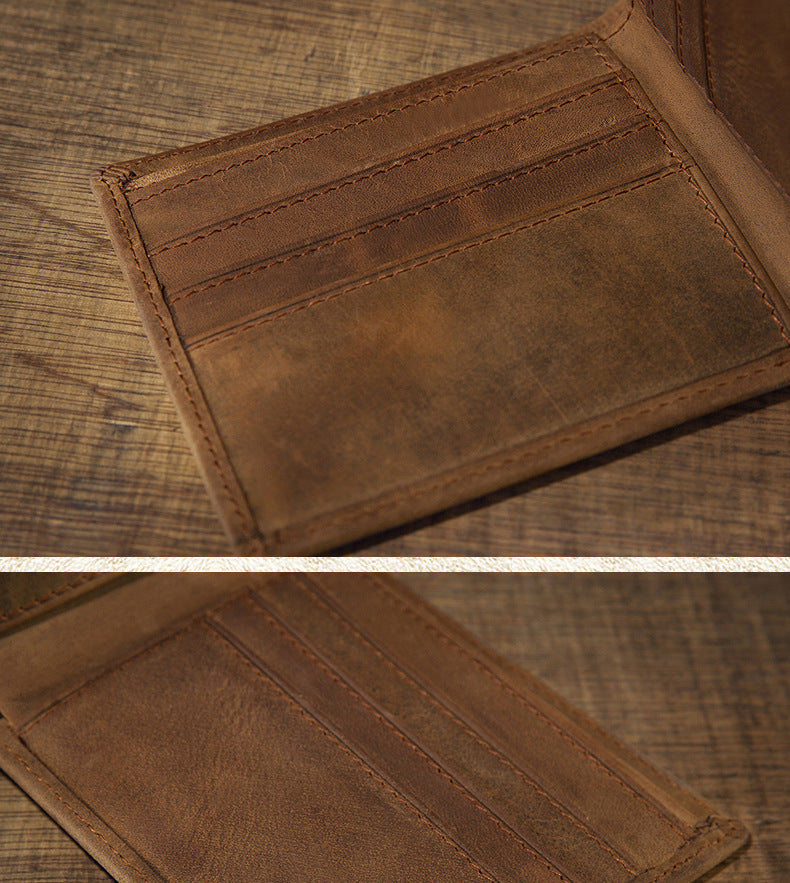 Men's short wallet made of genuine cowhide leather Crazy Horse Original casual simple thin Korean fashion unique wallet for men