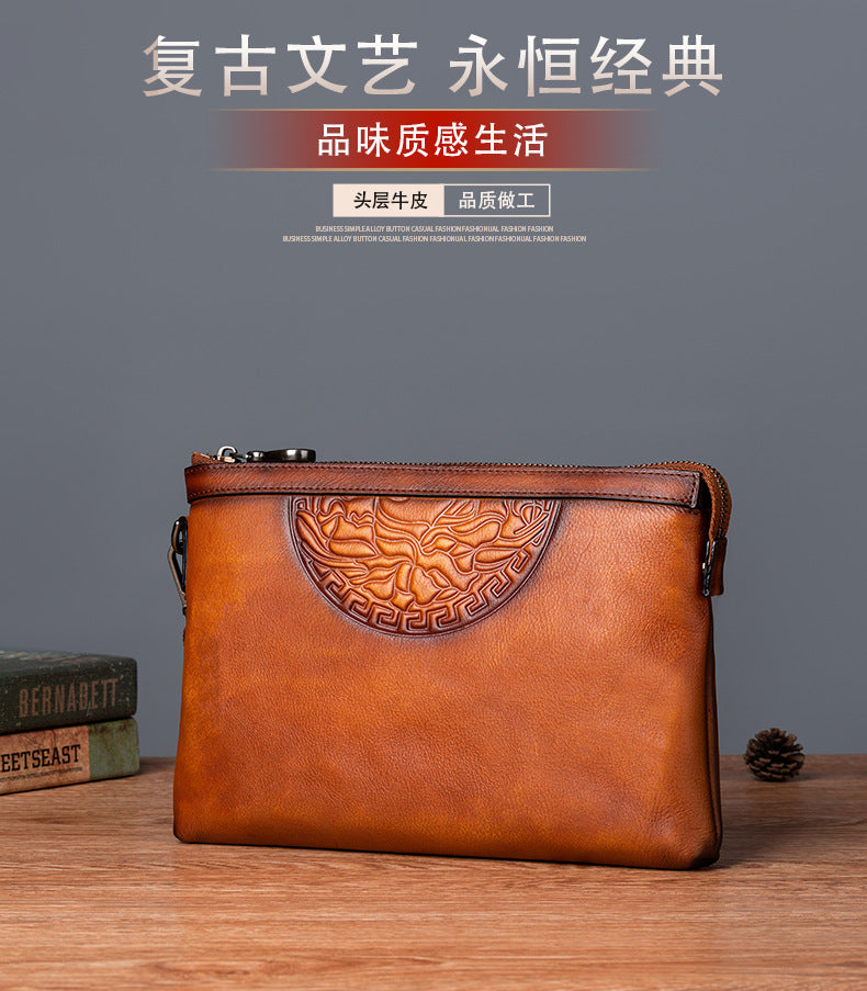Men's Clutch Bag Genuine Cowhide Leather Retro Casual Men's Handbag