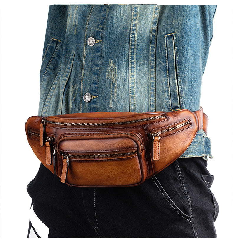 Men's Waist Pouch Genuine Cowhide Leather Retro Casual Bust Bag for Men