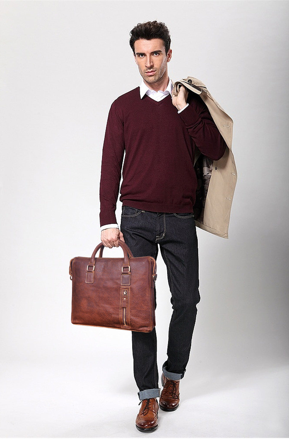 Men's Briefcase Crossbody Bag Cowhide Genuine Leather Retro Shoulder Bag Computer Bag