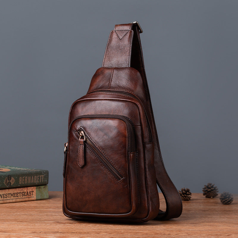 Men's Crossbody Bag Genuine Cowhide Leather Retro Casual Men's Bust Bag