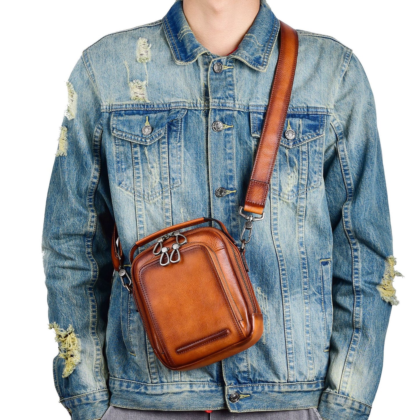 Men's Shoulder Bag Genuine Cowhide Leather Retro Casual Crossbody Bag for Men