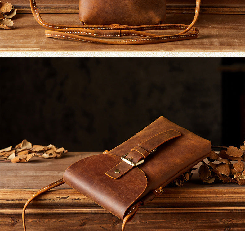 Men's Shoulder Bag Handcrafted Genuine Cowhide Leather Smartphone Pouch Retro Casual Crossbody Bag for Men