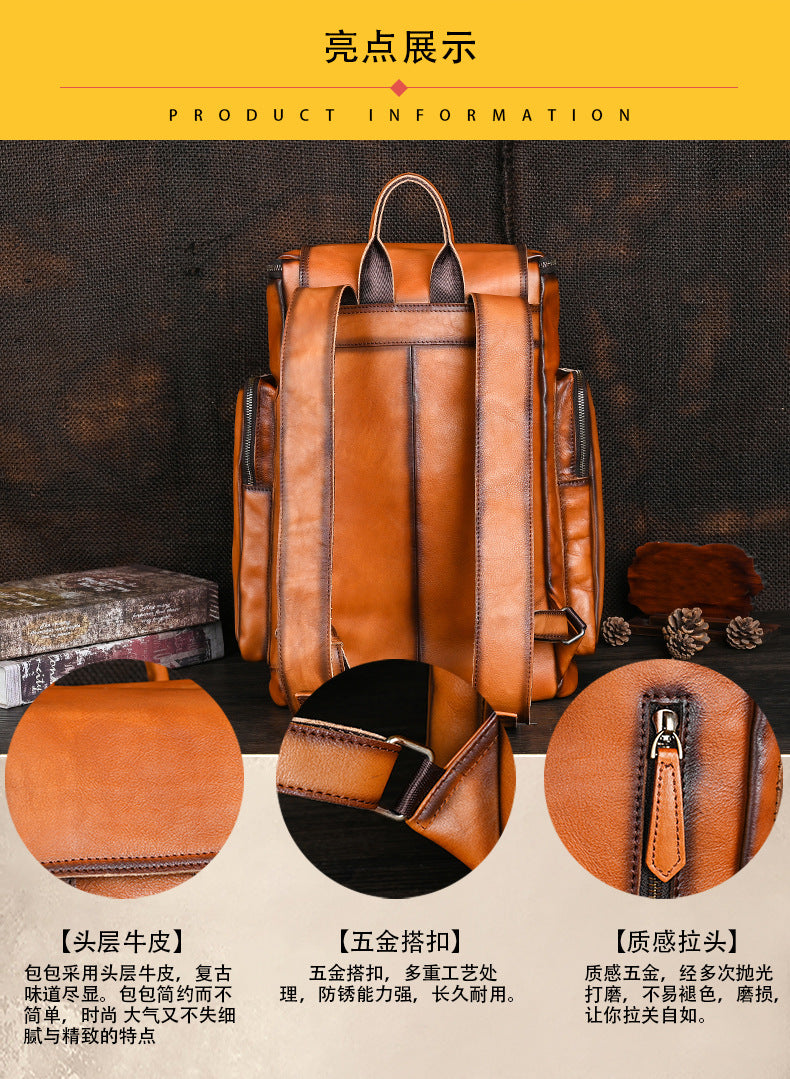 Men's backpack genuine cowhide leather retro unisex casual travel bag business bag