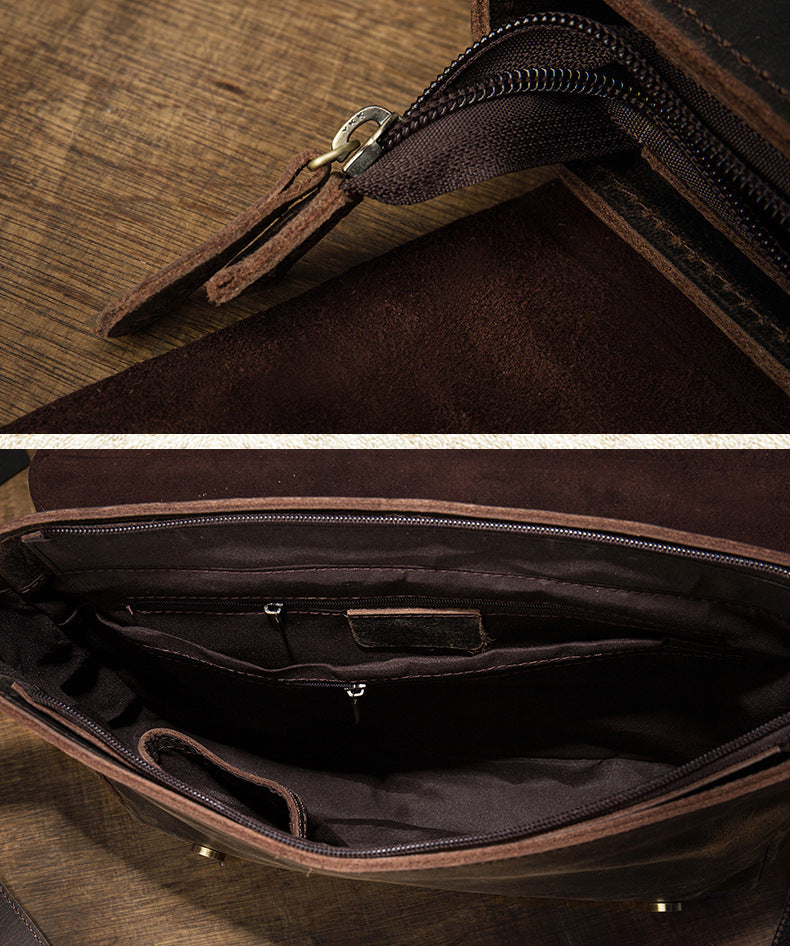 Men's Messenger Bag Handmade Genuine Cowhide Leather Crazy Horse Retro Casual Shoulder Bag Crossbody Computer Bag