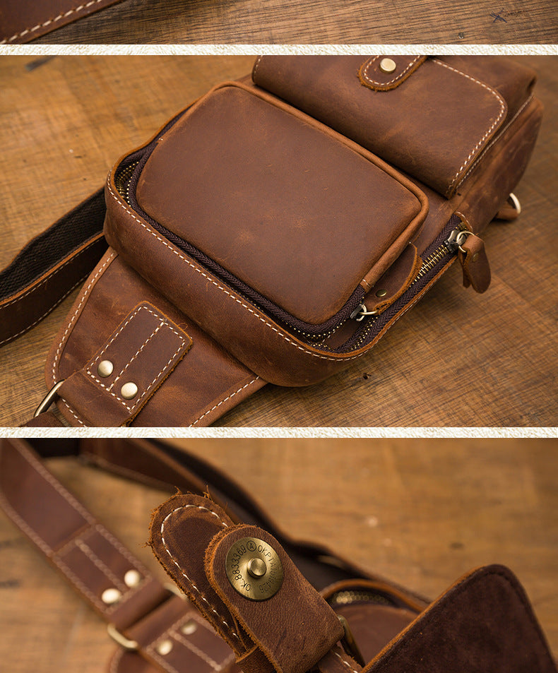 Men's Bust Bag Handmade Genuine Cowhide Leather Crazy Horse Retro Fashion Casual Crossbody Bag Shoulder Bag