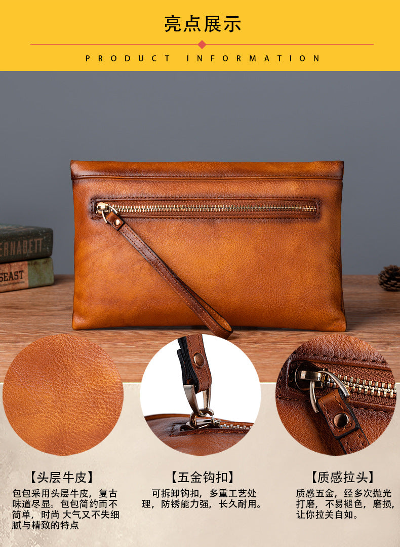 Men's Clutch Bag Cowhide Genuine Leather Retro Casual Men's Handbag