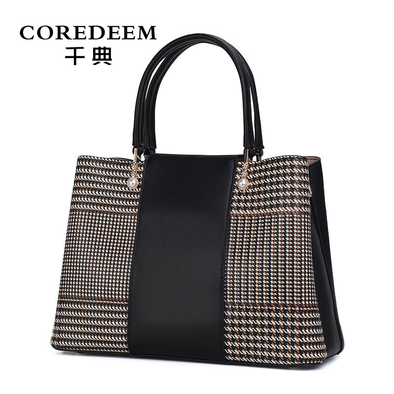 Ladies bag genuine leather handbag atmospheric fashion houndstooth splice shoulder bag temperament elegant handbag.bag