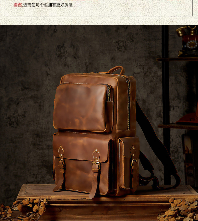 Men's Backpack Handmade Cowhide Genuine Leather Retro Crazy Horse Large Capacity Travel Bag Men's Computer Bag
