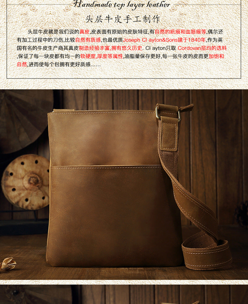 Men's Shoulder Bag Handcrafted Genuine Cowhide Leather Crazy Horse Simple Retro Crossbody Bag for Men