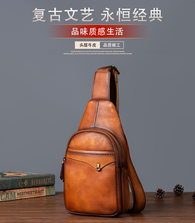 Men's bust bag genuine cowhide leather retro casual crossbody bag for men