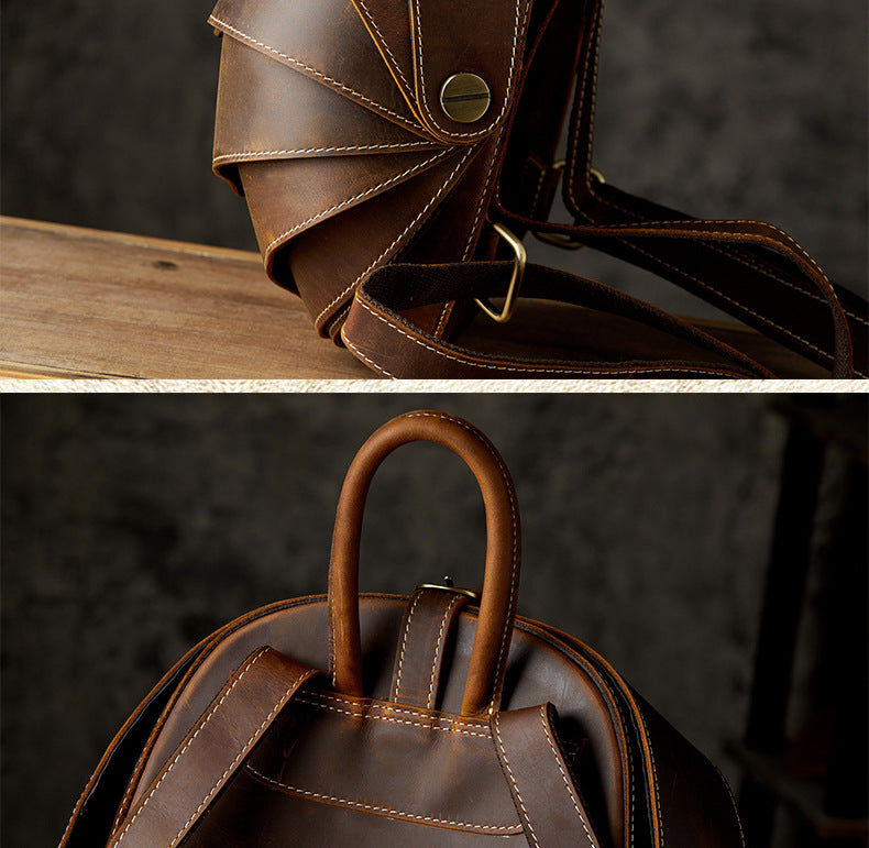 Men's Rucksack Retro Cowhide Crazy Horse Handmade Unique Fashion Beatles Men's Bag