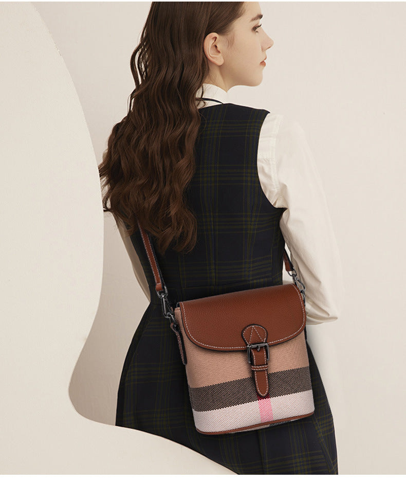 Genuine leather women's bag plaid leather bucket bag trend cowhide canvas bag trend shoulder bag. pochette