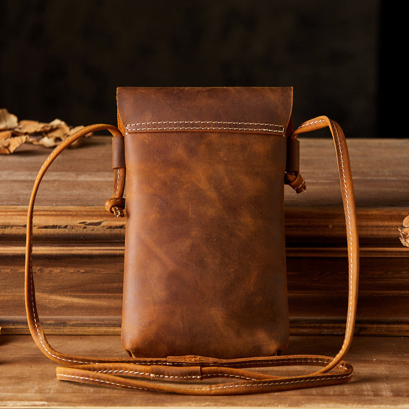 Men's Shoulder Bag Handcrafted Genuine Cowhide Leather Smartphone Pouch Retro Casual Crossbody Bag for Men