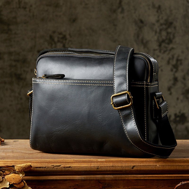 Men's Shoulder Bag Handmade Cow Leather Casual Simple Retro Zipper Crossbody Bag