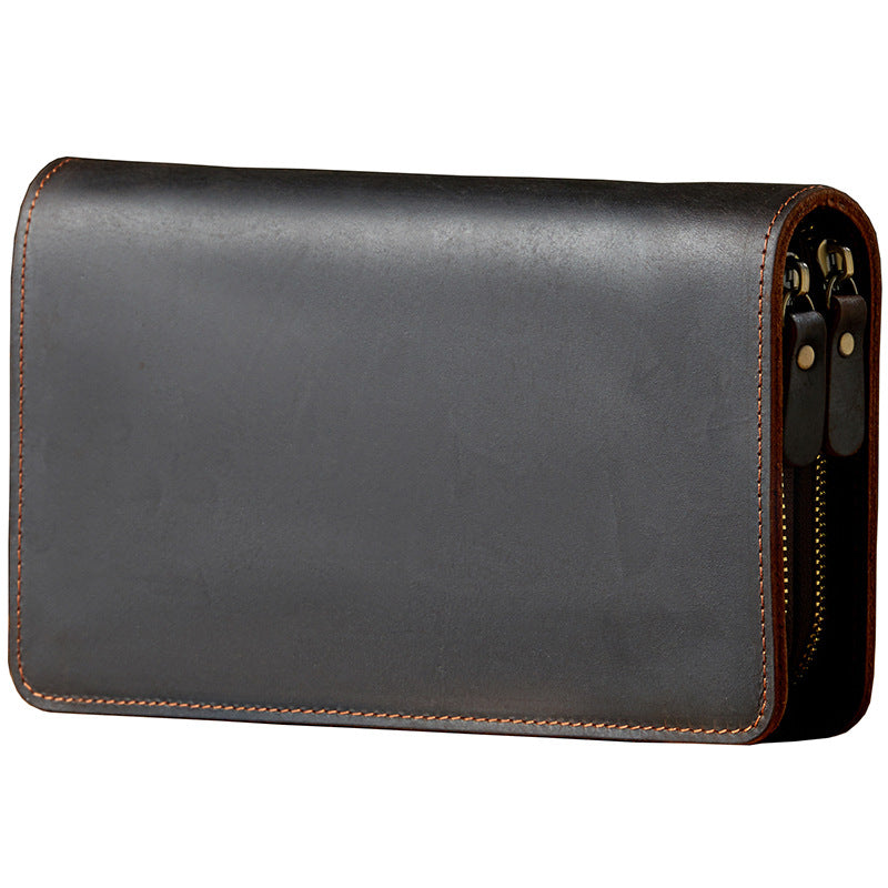 Men's Wallet Handcrafted Genuine Cowhide Leather Quality Crazy Horse Double Zipper Clutch Bag Casual Men's Wallet