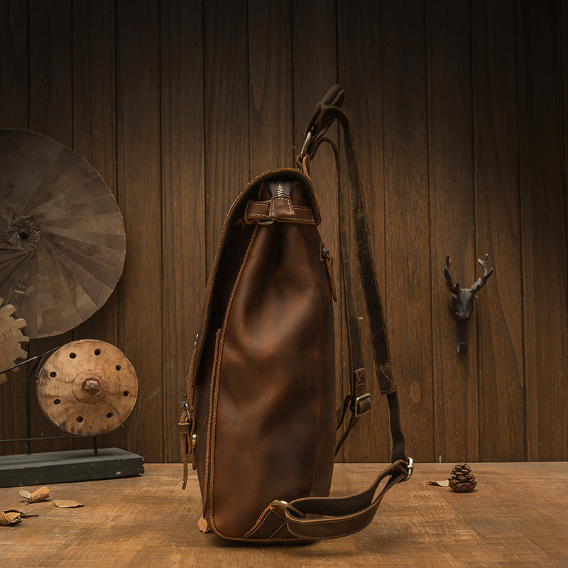 Men's Rucksack Genuine Cowhide Leather Handmade Korean Fashion Unique Travel Computer Bag for Men