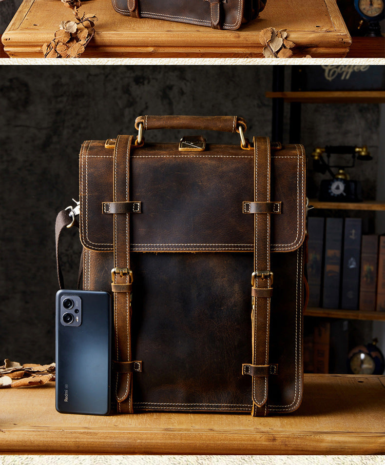 Men's Backpack Handcrafted Genuine Cowhide Leather Retro Multifunctional Casual Crossbody Bag Handbag Handbag for Men