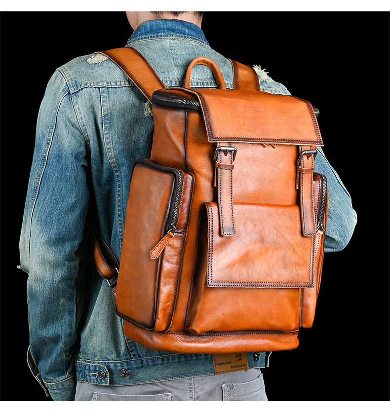 Men's backpack genuine cowhide leather retro unisex casual travel bag business bag