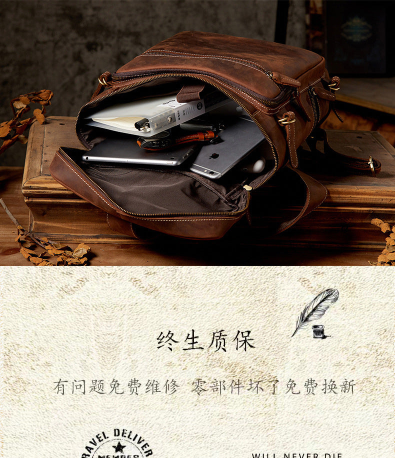 Men's Backpack Genuine Cowhide Leather Crazy Horse Handmade Large Capacity Casual Retro Fashion Travel Bag for Men