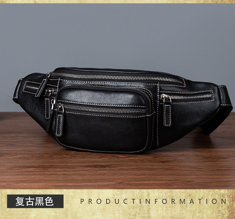 Men's Waist Pouch Genuine Cowhide Leather Retro Casual Bust Bag for Men