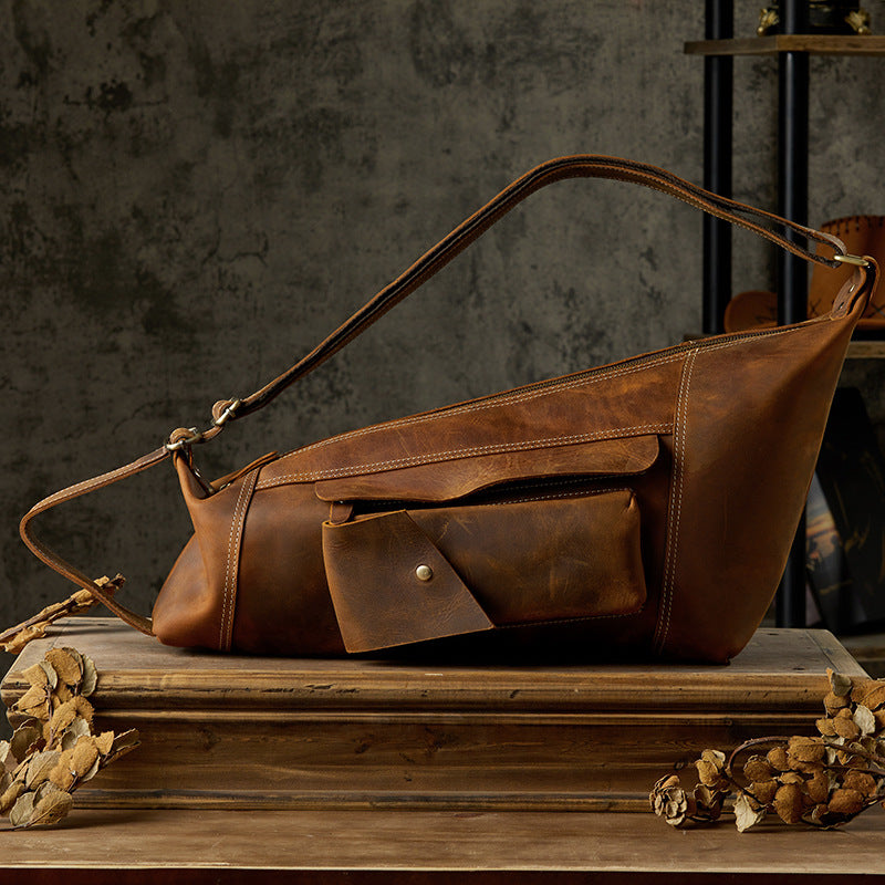 Men's Crossbody Bag Cow Leather Crazy Horse Handmade Retro Unique Fashion Multifunctional Shoulder Bag