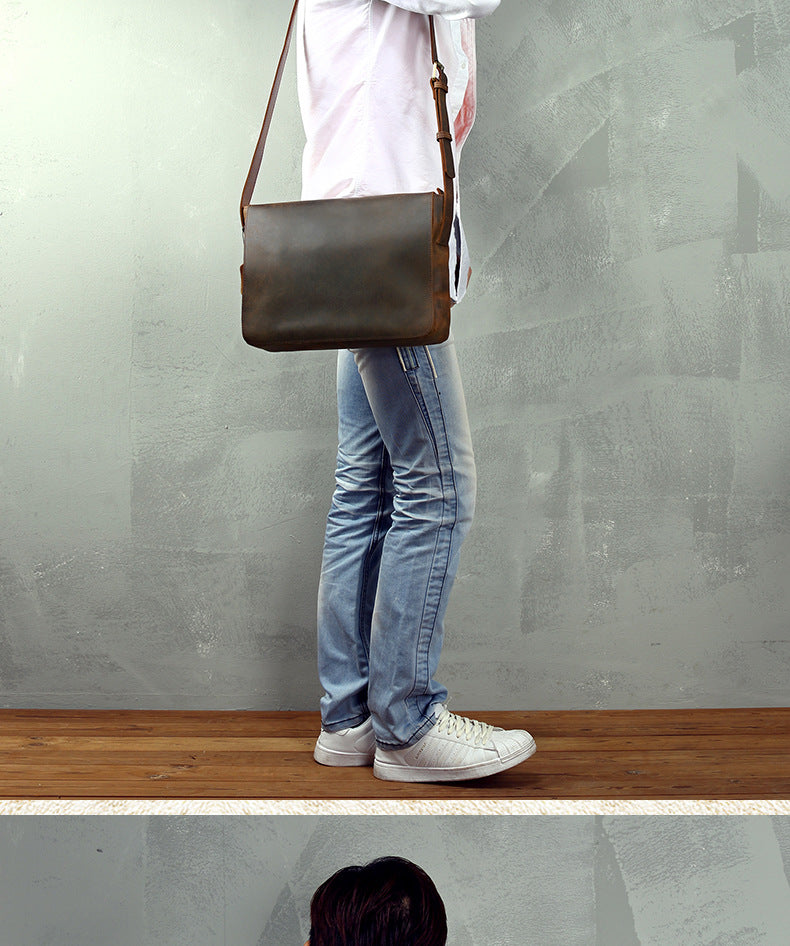 Men's Messenger Bag Handmade Genuine Cowhide Leather Crazy Horse Retro Casual Shoulder Bag Crossbody Computer Bag