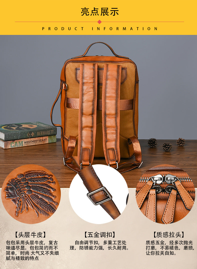 Men's backpack cowhide genuine leather retro fashion computer bag men's casual travel bag