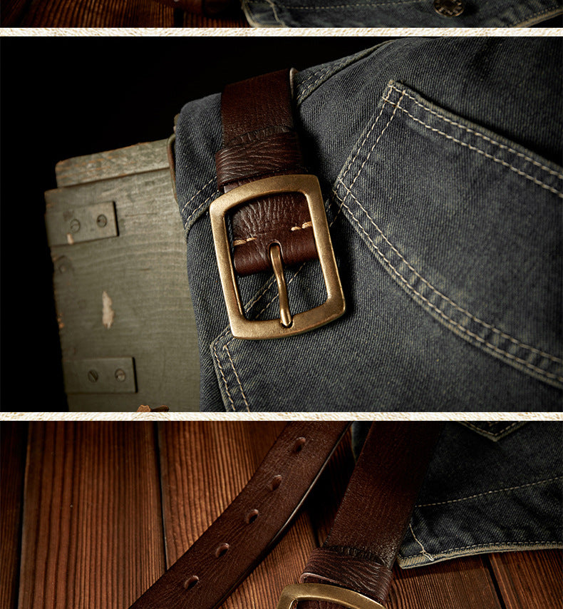 Men's Belt Original Handmade Retro Cowhide Genuine Leather Copper Needle Buckle Men's Belt