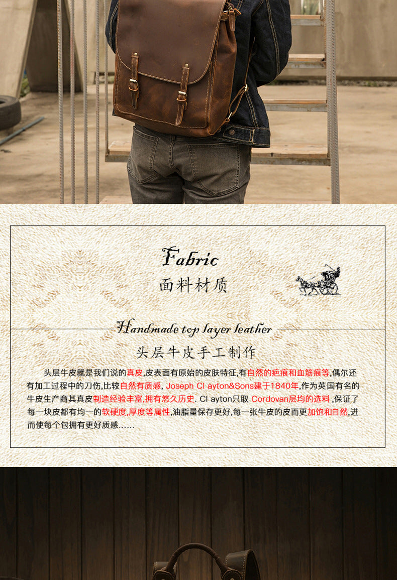 Men's Rucksack Genuine Cowhide Leather Handmade Korean Fashion Unique Travel Computer Bag for Men