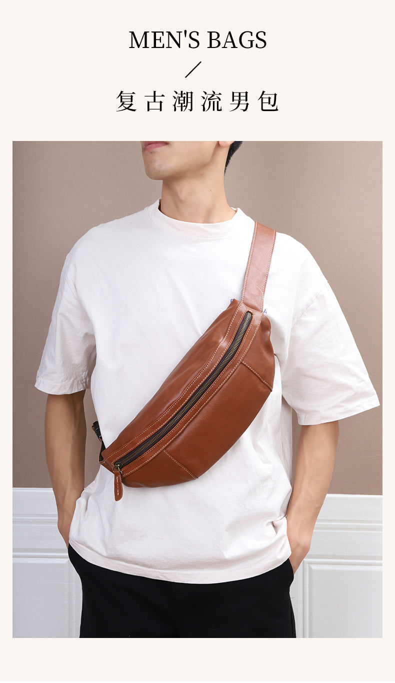 Men's Bust Bag Genuine Cowhide Leather Retro Casual Fashion Shoulder Bag Crossbody Bag for Men