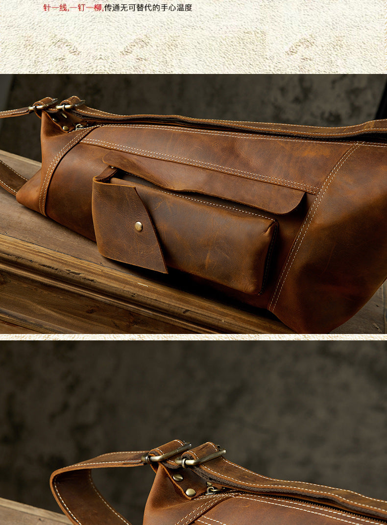 Men's Crossbody Bag Cow Leather Crazy Horse Handmade Retro Unique Fashion Multifunctional Shoulder Bag