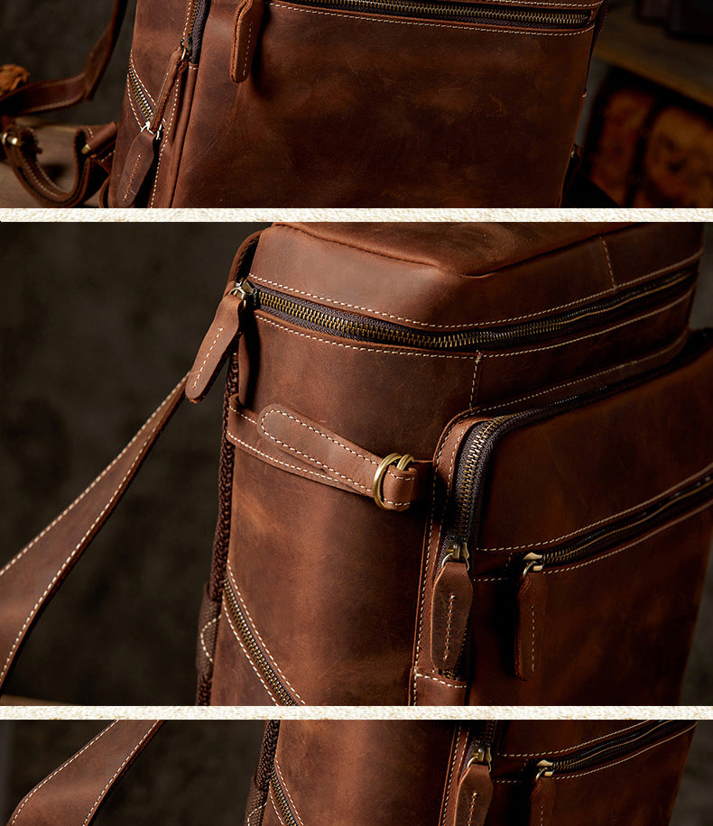 Men's Backpack Genuine Cowhide Leather Crazy Horse Handmade Large Capacity Casual Retro Fashion Travel Bag for Men