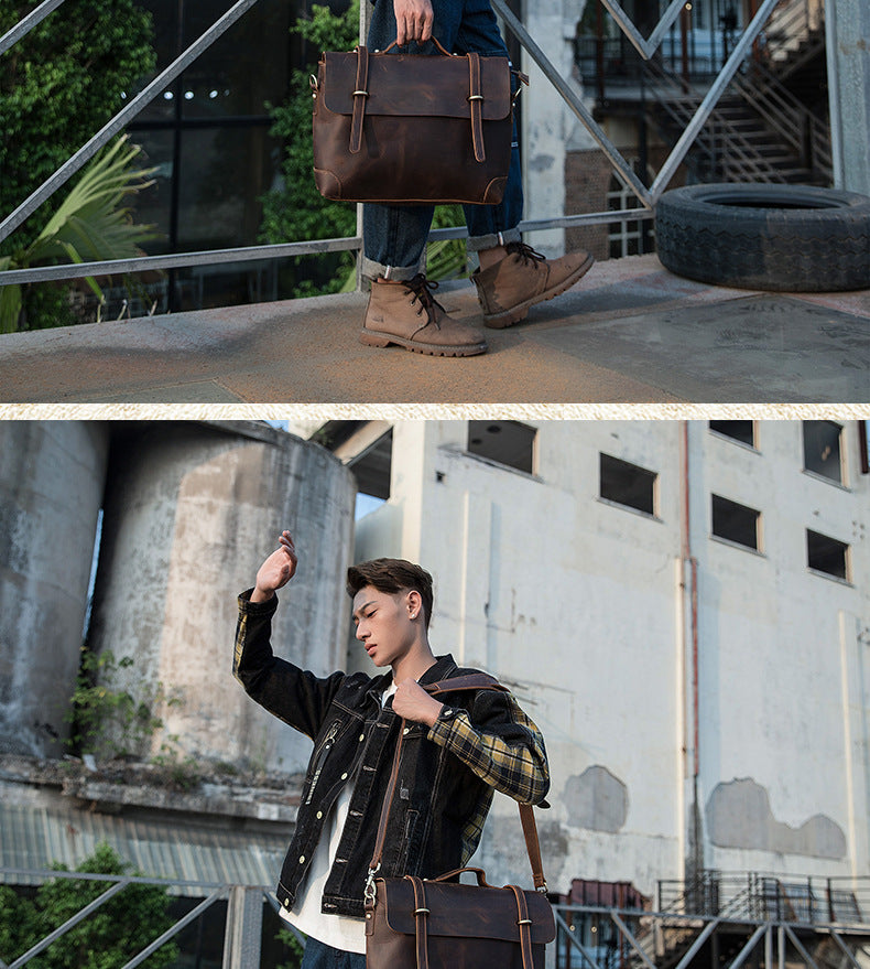Men's Messenger Bag Handmade Genuine Cowhide Leather Crazy Horse Retro Handbag Handbag Men's Briefcase Crossbody Shoulder Bag