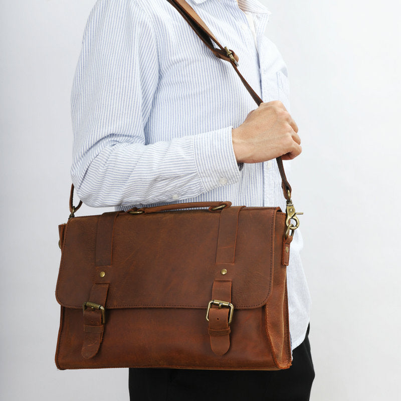 Men's Shoulder Bag Briefcase Retro Cowhide Crazy Horse Commuter Casual Crossbody Bag for Men Computer Bag