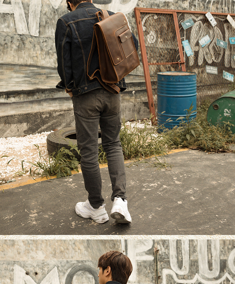 Men's Rucksack Cowhide Genuine Leather Handmade Unique Fashion Casual Travel Bag Computer Bag