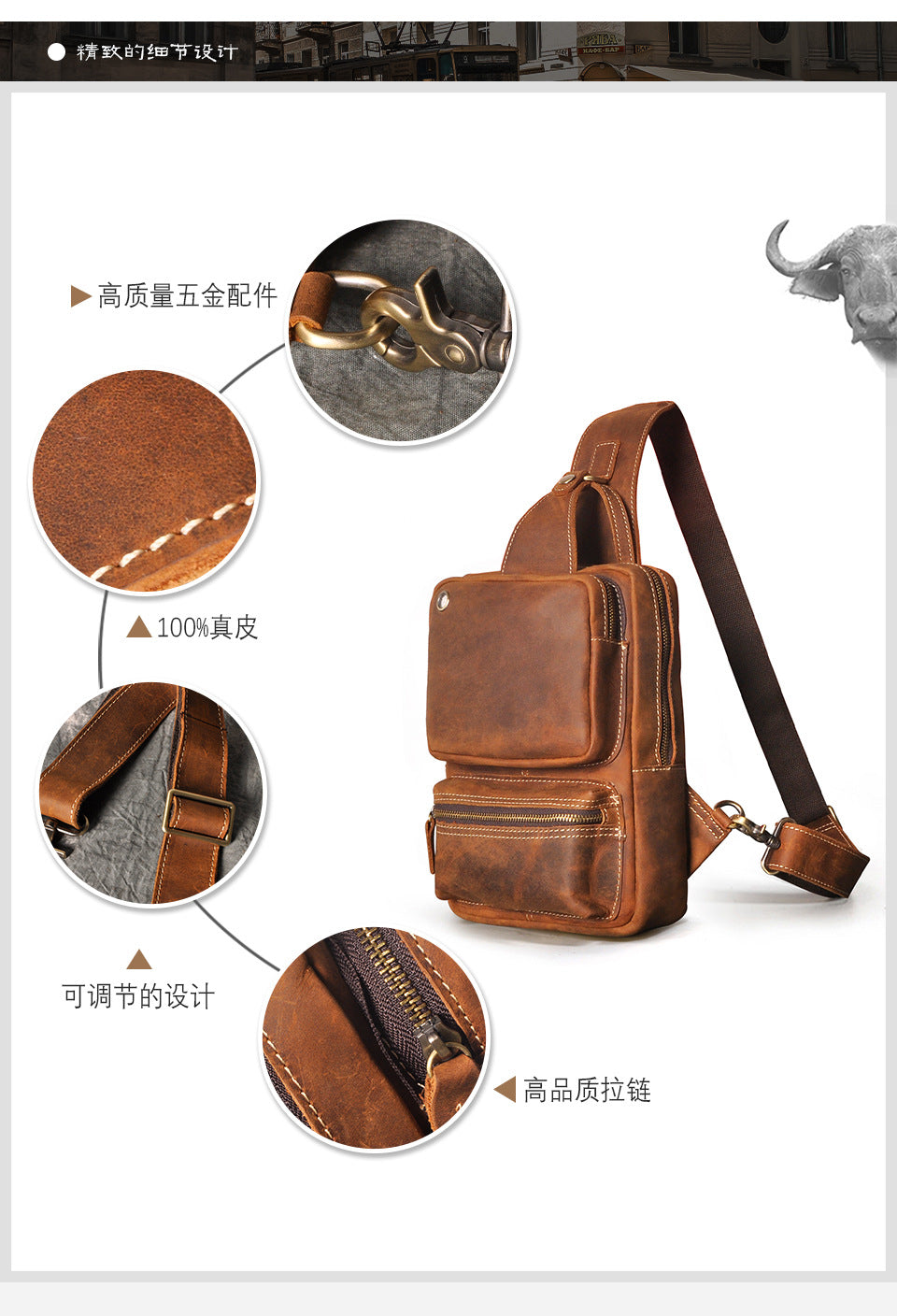 Men's bust bag Genuine cowhide leather outdoor multipurpose crossbody bag for men