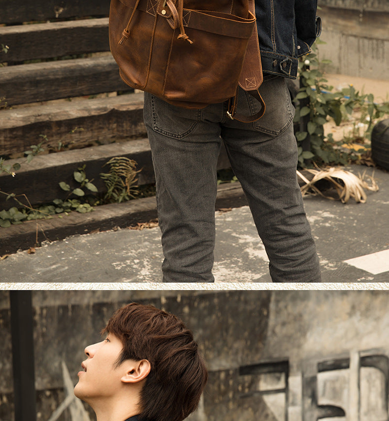 Men's Backpack Genuine Cowhide Leather Handmade Fashion Casual Travel Retro Crazy Horse Men's Bag