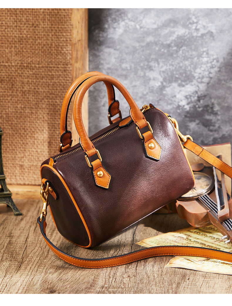 Genuine leather women's bag Retro cowhide large capacity handbag Boston bag Commuting style shoulder bag that goes with anything. Pochette