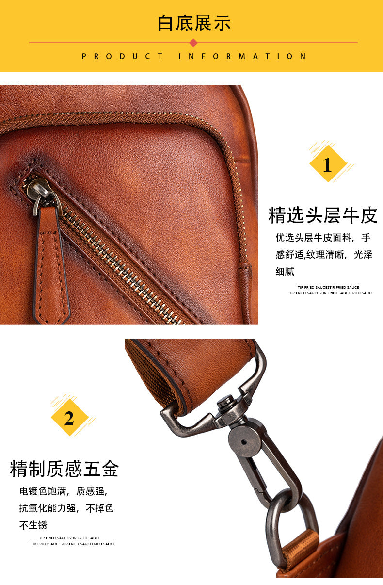 Men's Crossbody Bag Genuine Cowhide Leather Retro Casual Men's Bust Bag