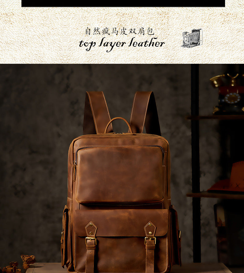 Men's Backpack Handmade Cowhide Genuine Leather Retro Crazy Horse Large Capacity Travel Bag Men's Computer Bag