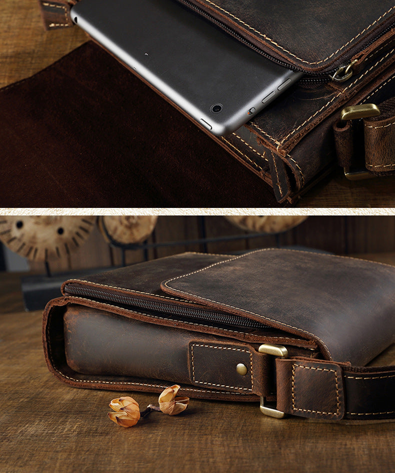 Men's Shoulder Bag Genuine Cowhide Leather Crazy Horse Original Simple Business Casual Fashion Crossbody Bag for Men