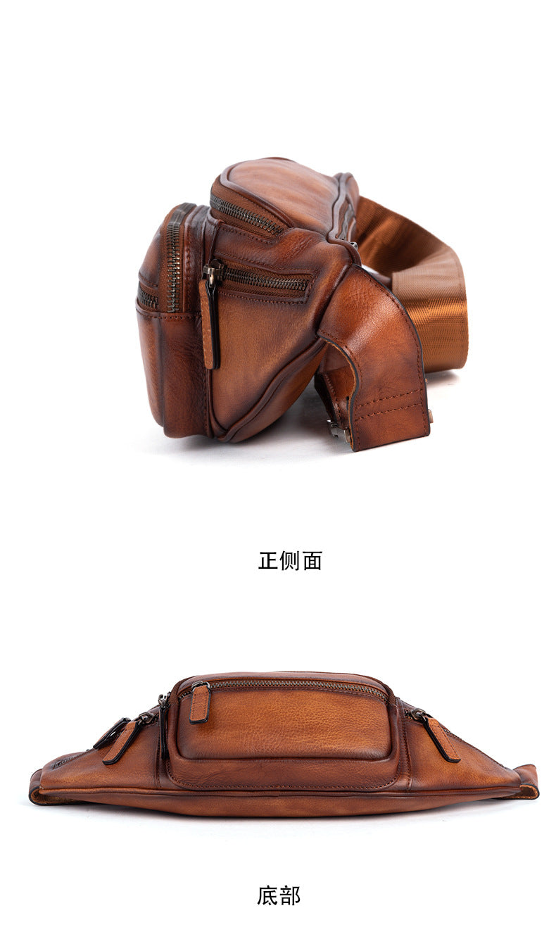 Men's Waist Pouch Genuine Cowhide Leather Retro Casual Bust Bag for Men
