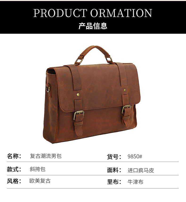 Men's Shoulder Bag Briefcase Retro Cowhide Crazy Horse Commuter Casual Crossbody Bag for Men Computer Bag