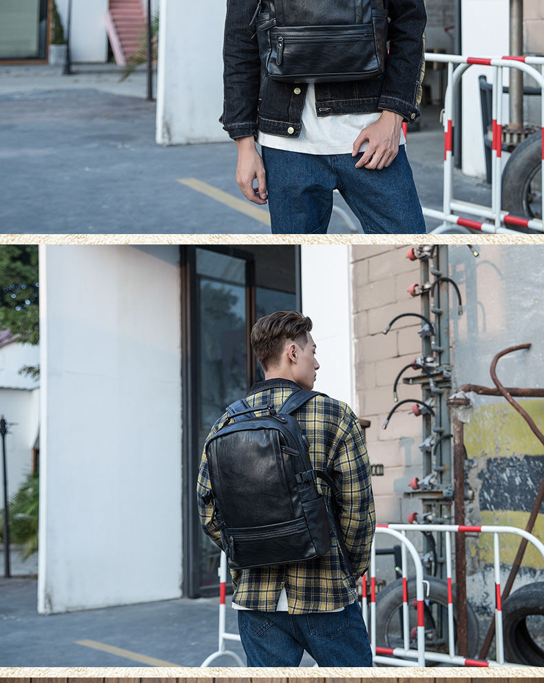 Men's rucksack cowhide genuine leather original handmade Korean fashion personality USB charging bag for men