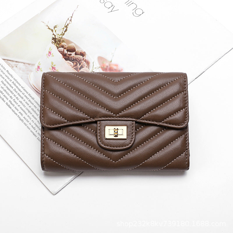 Sheep leather women's wallet stylish tri-fold wallet simple V size check coin purse high quality