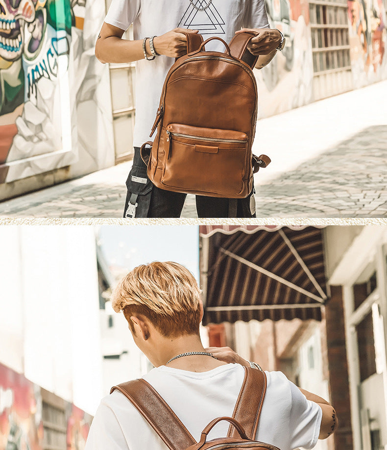 Men's backpack handmade cowhide genuine leather simple casual quality travel bag