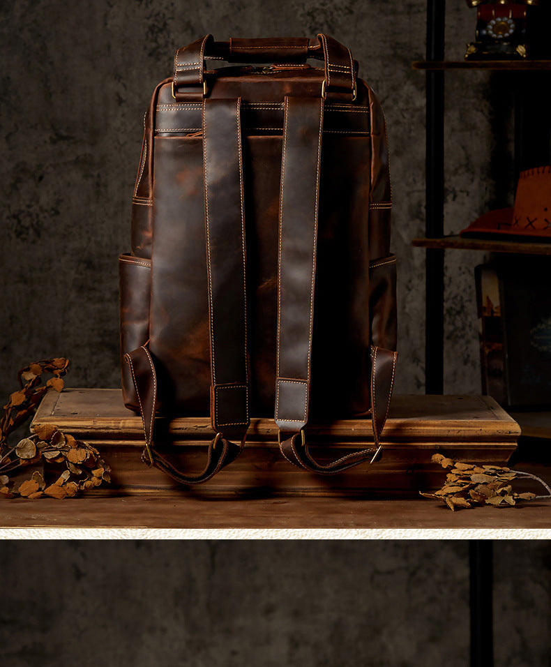 Men's Backpack Handmade Cowhide Genuine Leather Crazy Horse Retro Large Capacity Computer Bag Casual Fashion Business Travel Bag